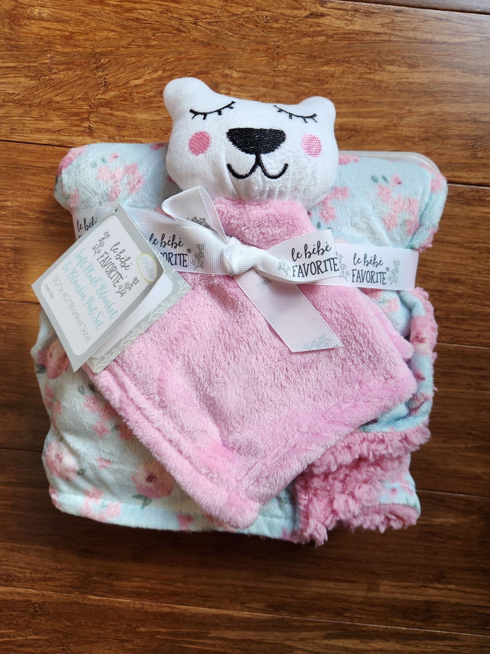 New Le Bebe Soft Plush Baby Blanket & Bear Lovey Kids Girl Pink Floral Nursery
